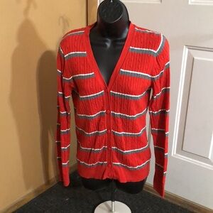 Tommy Hilfiger Red Cardigan Sweater w/ Gray/White Stripes M